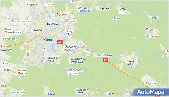 mapa Piła gmina Końskie, Piła gmina Końskie na mapie Targeo