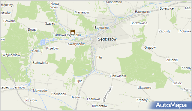 mapa Piła gmina Sędziszów, Piła gmina Sędziszów na mapie Targeo
