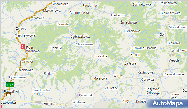 mapa Podszkle gmina Czarny Dunajec, Podszkle gmina Czarny Dunajec na mapie Targeo