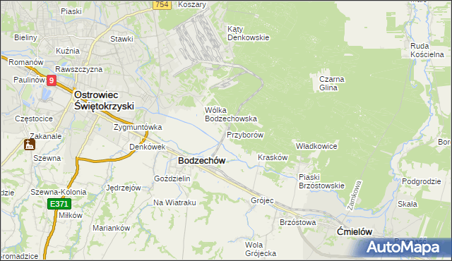 mapa Przyborów gmina Bodzechów, Przyborów gmina Bodzechów na mapie Targeo