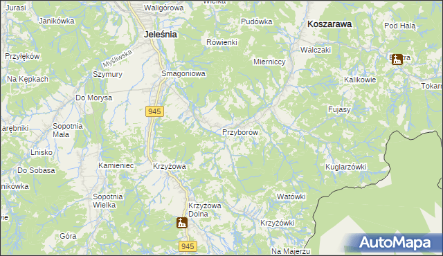 mapa Przyborów gmina Jeleśnia, Przyborów gmina Jeleśnia na mapie Targeo