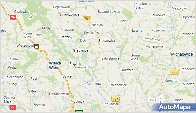 mapa Przybysławice gmina Zielonki, Przybysławice gmina Zielonki na mapie Targeo