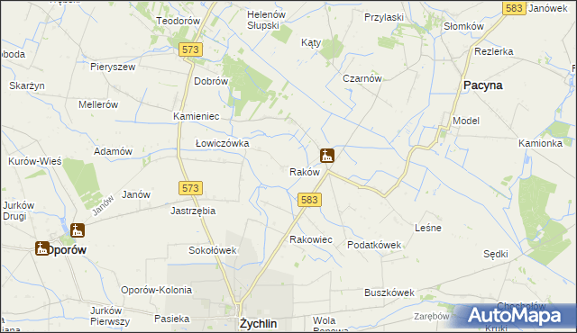 mapa Raków gmina Pacyna, Raków gmina Pacyna na mapie Targeo