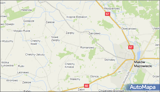 mapa Romanowo gmina Karniewo, Romanowo gmina Karniewo na mapie Targeo