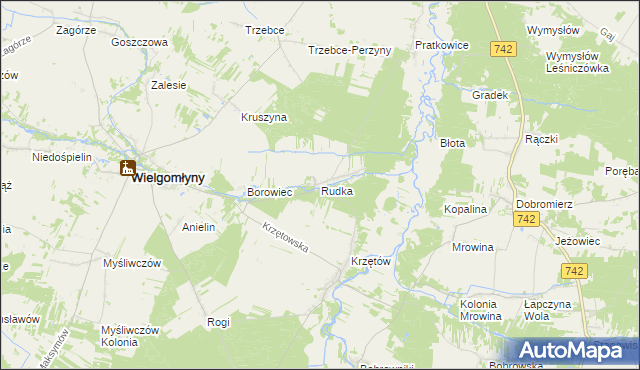 mapa Rudka gmina Wielgomłyny, Rudka gmina Wielgomłyny na mapie Targeo