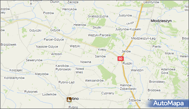 mapa Sarnów gmina Rybno, Sarnów gmina Rybno na mapie Targeo