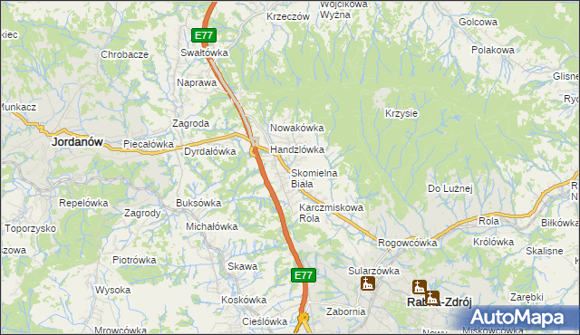 mapa Skomielna Biała, Skomielna Biała na mapie Targeo