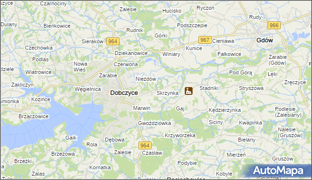 mapa Skrzynka gmina Dobczyce, Skrzynka gmina Dobczyce na mapie Targeo
