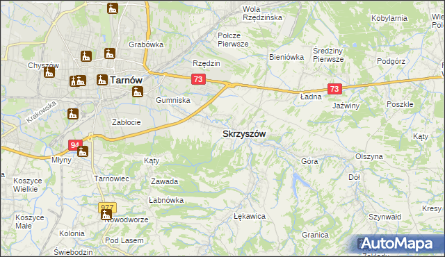 mapa Skrzyszów powiat tarnowski, Skrzyszów powiat tarnowski na mapie Targeo