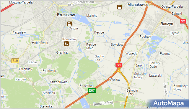 mapa Suchy Las gmina Michałowice, Suchy Las gmina Michałowice na mapie Targeo