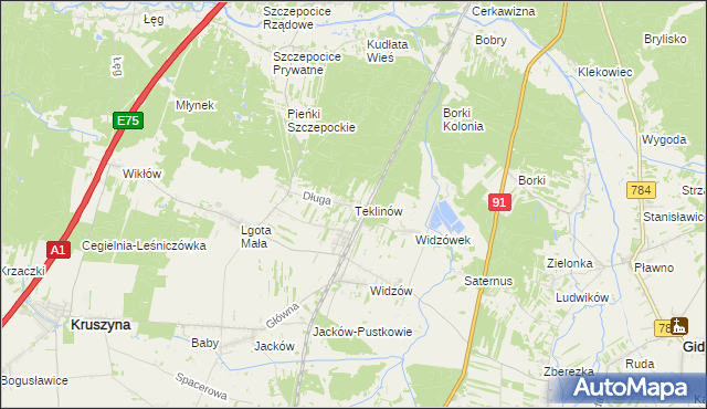 mapa Teklinów gmina Kruszyna, Teklinów gmina Kruszyna na mapie Targeo