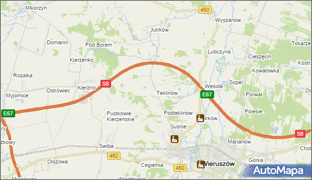 mapa Teklinów gmina Wieruszów, Teklinów gmina Wieruszów na mapie Targeo