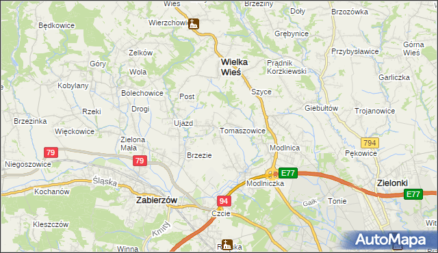 mapa Tomaszowice gmina Wielka Wieś, Tomaszowice gmina Wielka Wieś na mapie Targeo