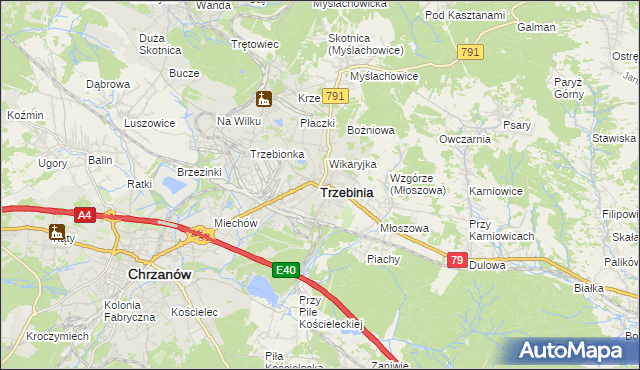 mapa Trzebinia powiat chrzanowski, Trzebinia powiat chrzanowski na mapie Targeo