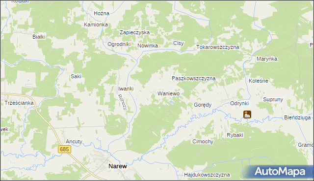 mapa Waniewo gmina Narew, Waniewo gmina Narew na mapie Targeo