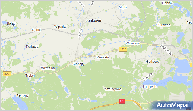 mapa Warkały gmina Jonkowo, Warkały gmina Jonkowo na mapie Targeo