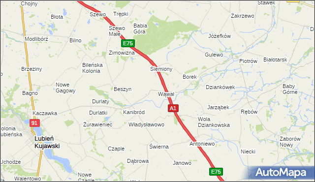 mapa Wąwał gmina Lubień Kujawski, Wąwał gmina Lubień Kujawski na mapie Targeo