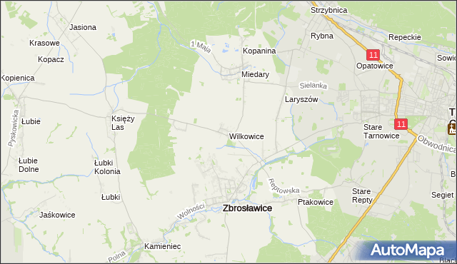 mapa Wilkowice gmina Zbrosławice, Wilkowice gmina Zbrosławice na mapie Targeo