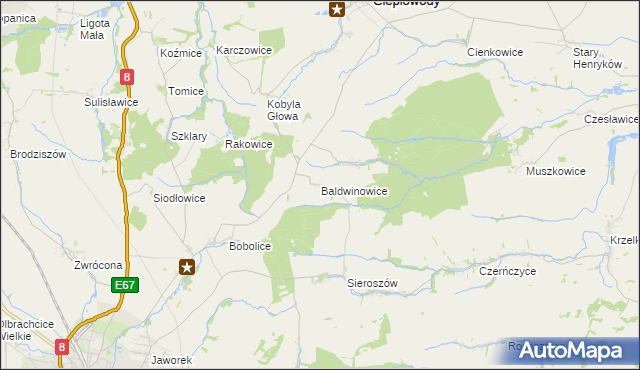 mapa Baldwinowice gmina Ciepłowody, Baldwinowice gmina Ciepłowody na mapie Targeo