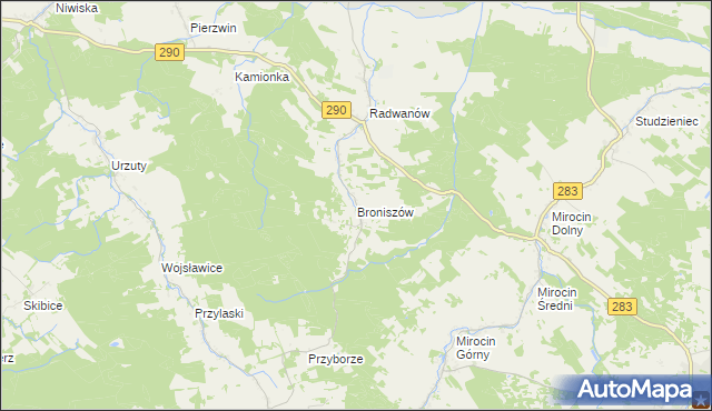 mapa Broniszów gmina Kożuchów, Broniszów gmina Kożuchów na mapie Targeo