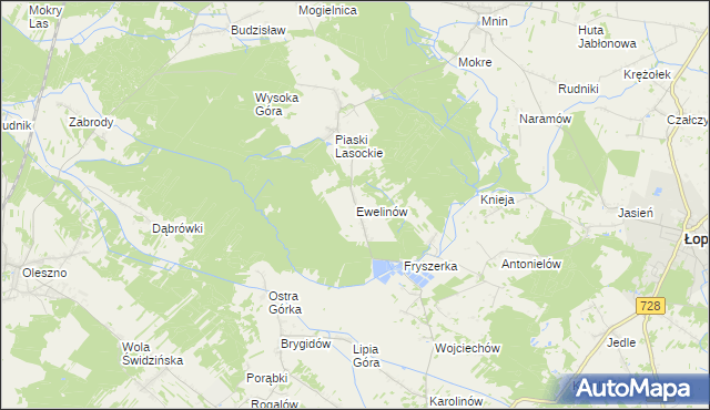 mapa Ewelinów gmina Łopuszno, Ewelinów gmina Łopuszno na mapie Targeo