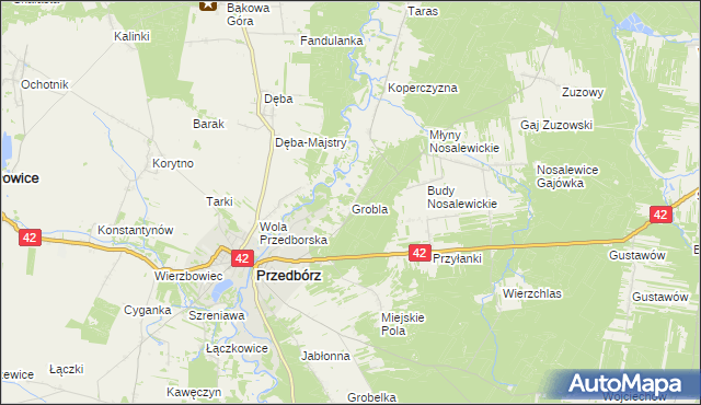 mapa Grobla gmina Przedbórz, Grobla gmina Przedbórz na mapie Targeo