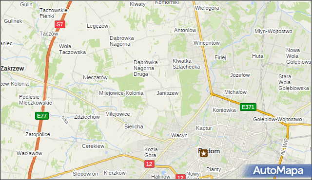 mapa Janiszew gmina Zakrzew, Janiszew gmina Zakrzew na mapie Targeo