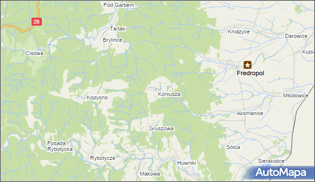 mapa Koniusza gmina Fredropol, Koniusza gmina Fredropol na mapie Targeo