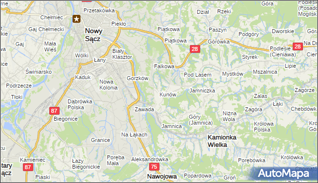 mapa Kunów gmina Chełmiec, Kunów gmina Chełmiec na mapie Targeo