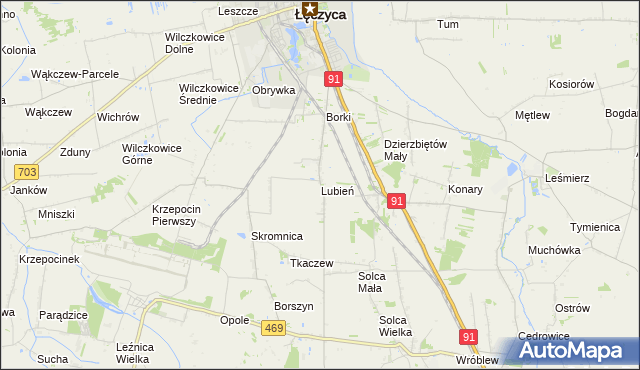 mapa Lubień gmina Łęczyca, Lubień gmina Łęczyca na mapie Targeo