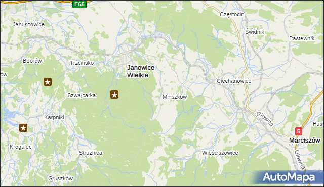 mapa Mniszków gmina Janowice Wielkie, Mniszków gmina Janowice Wielkie na mapie Targeo