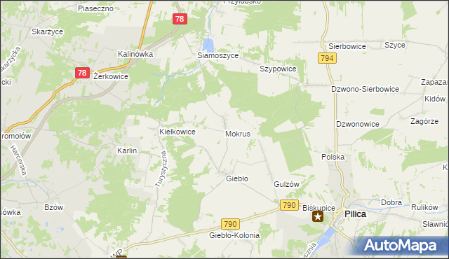 mapa Mokrus gmina Ogrodzieniec, Mokrus gmina Ogrodzieniec na mapie Targeo