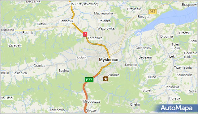 mapa Myślenice, Myślenice na mapie Targeo