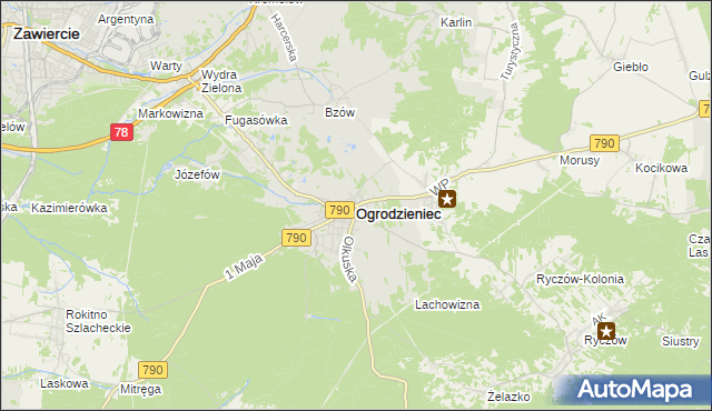 mapa Ogrodzieniec powiat zawierciański, Ogrodzieniec powiat zawierciański na mapie Targeo