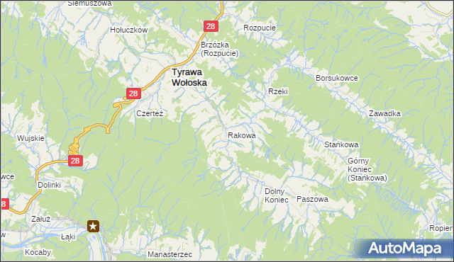 mapa Rakowa gmina Tyrawa Wołoska, Rakowa gmina Tyrawa Wołoska na mapie Targeo