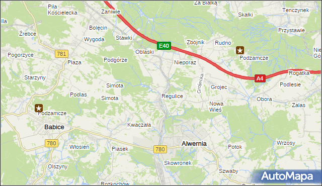 mapa Regulice gmina Alwernia, Regulice gmina Alwernia na mapie Targeo