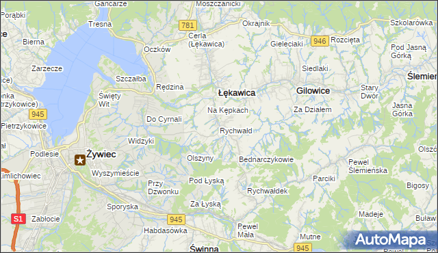 mapa Rychwałd gmina Gilowice, Rychwałd gmina Gilowice na mapie Targeo