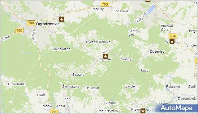 mapa Ryczów gmina Ogrodzieniec, Ryczów gmina Ogrodzieniec na mapie Targeo