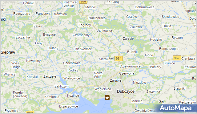 mapa Sieraków gmina Dobczyce, Sieraków gmina Dobczyce na mapie Targeo