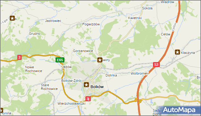 mapa Świny gmina Bolków, Świny gmina Bolków na mapie Targeo