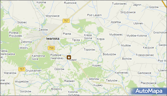 mapa Toporów gmina Iwaniska, Toporów gmina Iwaniska na mapie Targeo