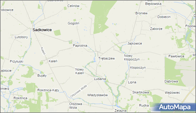 mapa Trębaczew gmina Sadkowice, Trębaczew gmina Sadkowice na mapie Targeo