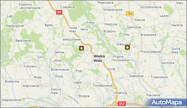 mapa Wielka Wieś powiat krakowski, Wielka Wieś powiat krakowski na mapie Targeo