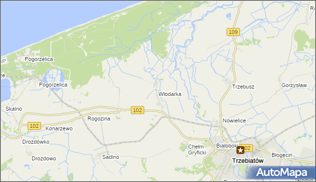 mapa Włodarka gmina Trzebiatów, Włodarka gmina Trzebiatów na mapie Targeo