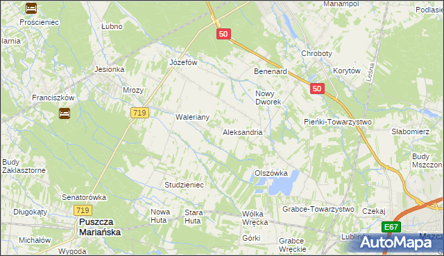 mapa Aleksandria gmina Puszcza Mariańska, Aleksandria gmina Puszcza Mariańska na mapie Targeo
