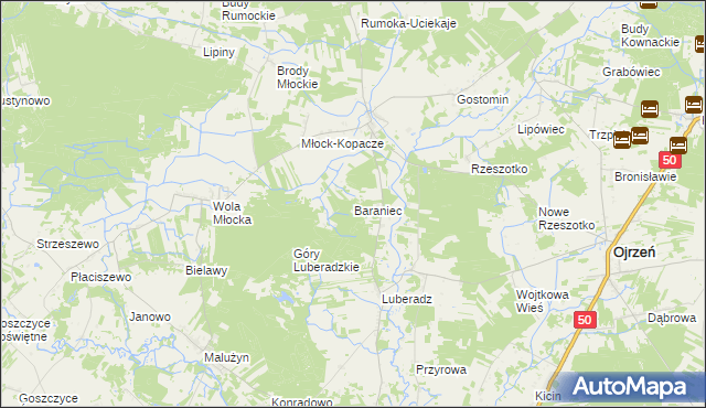 mapa Baraniec gmina Ojrzeń, Baraniec gmina Ojrzeń na mapie Targeo