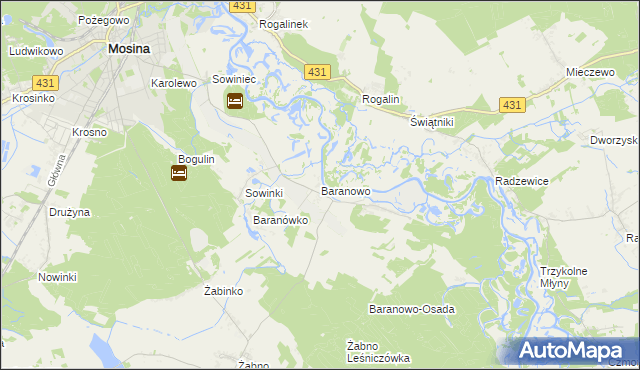 mapa Baranowo gmina Mosina, Baranowo gmina Mosina na mapie Targeo