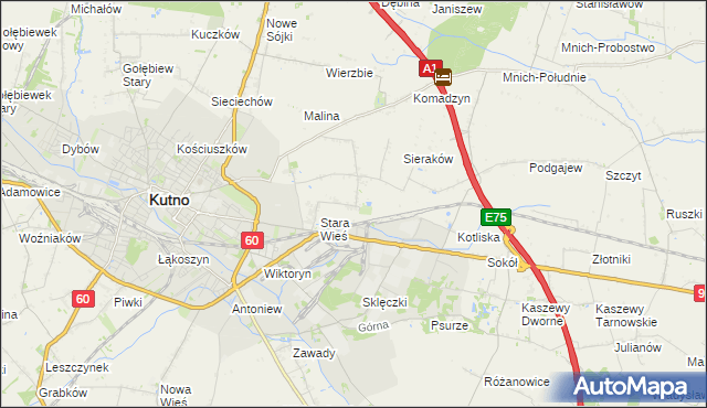 mapa Bielawki gmina Kutno, Bielawki gmina Kutno na mapie Targeo