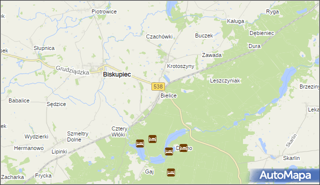 mapa Bielice gmina Biskupiec, Bielice gmina Biskupiec na mapie Targeo