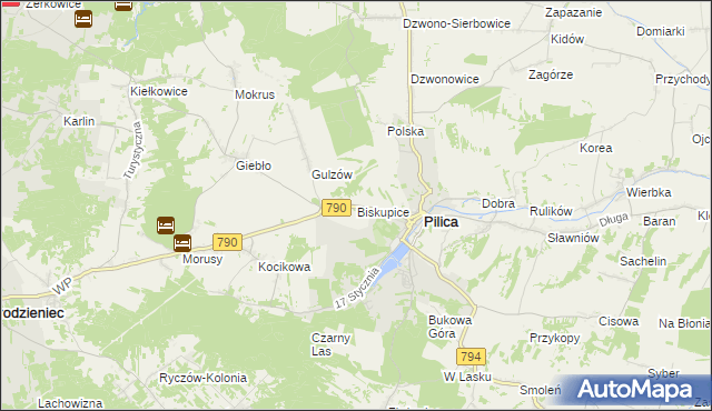 mapa Biskupice gmina Pilica, Biskupice gmina Pilica na mapie Targeo